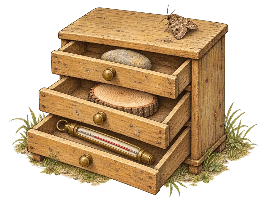 A small wooden specimen cabinet with open drawers holding a warm stone, a tree-ring slice, and a brass thermometer, a moth on top