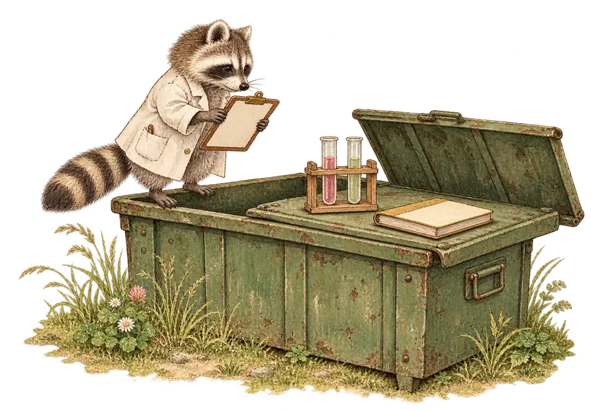 A raccoon in a lab coat on the rim of a green dumpster, consulting a clipboard beside test tubes and a notebook