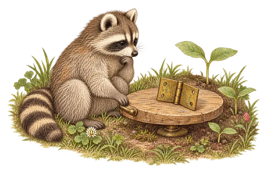 A raccoon in a garden bed turning a small wooden table with a single brass hinge on it