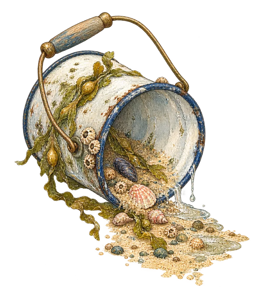 Enamel specimen bucket tipped on its side, sand spilling from its lip, dripping seawater