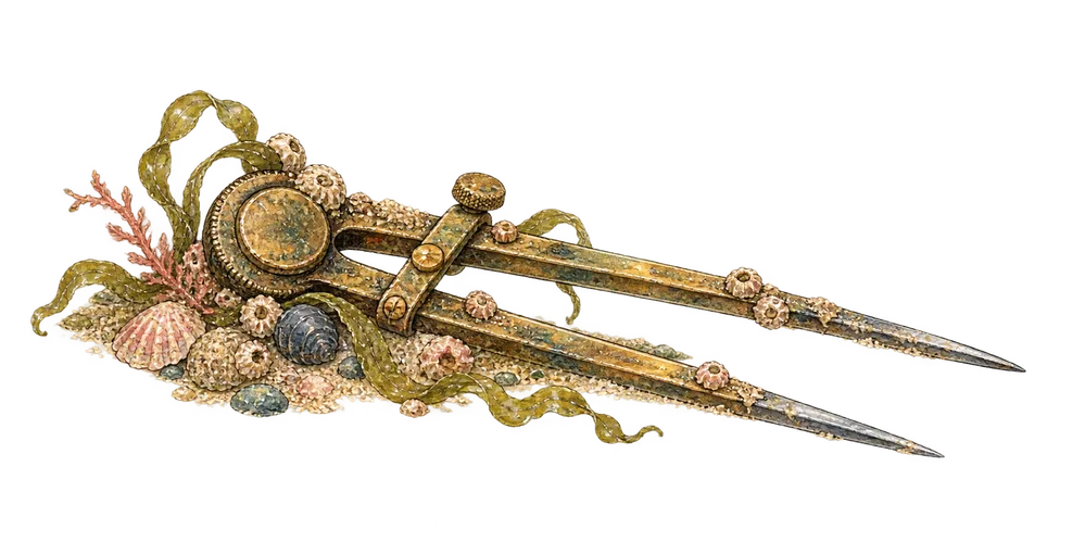 Brass chart compass and parallel ruler, tarnished and wet, left open on the chart