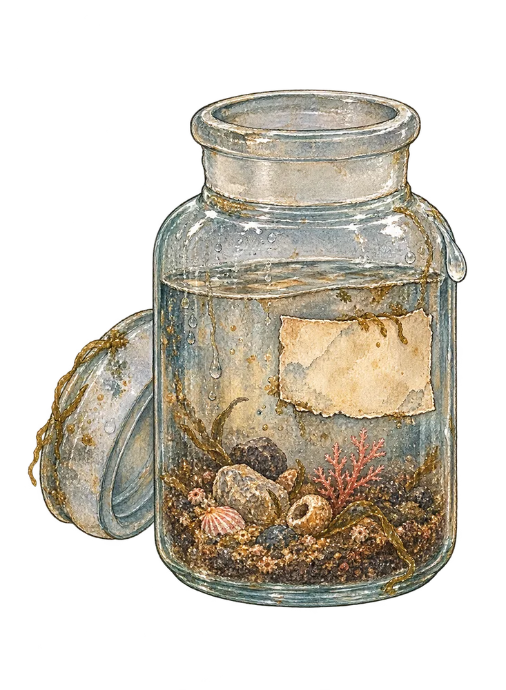 Squat glass specimen jar with ground lip, cockled paper label, condensation and dark sediment inside