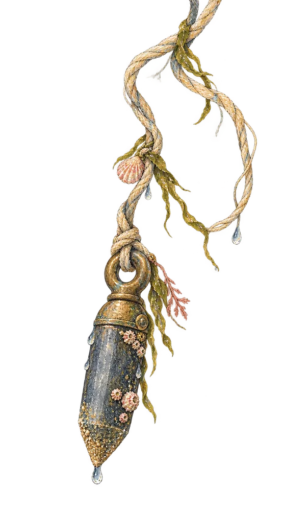 Brass sounding lead plummet with wet line, sand on its fluke, a droplet at its nose