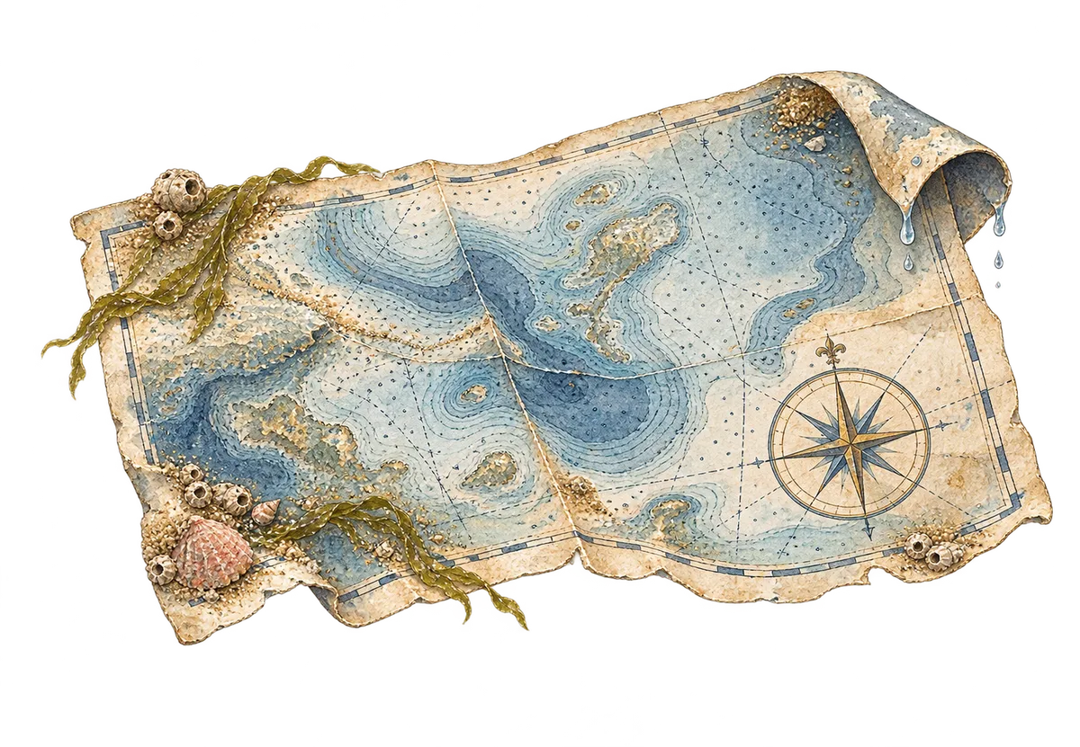 Water-stained hydrographic chart fragment with prussian soundings and compass rose, cockled from the deep