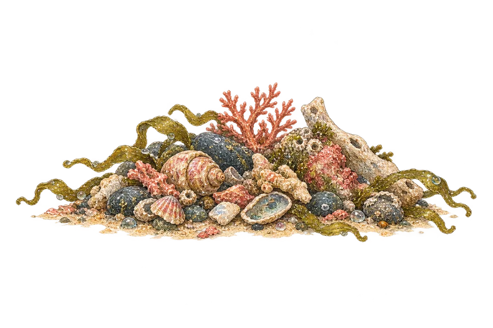 Scattered coral rubble, shell fragments and dark sand, gloss-wet, with water beads