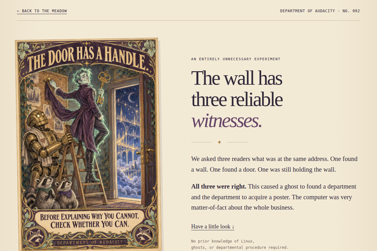 A still from The Door Has a Handle in a real browser. Open the original room to play; this picture itself is not interactive.